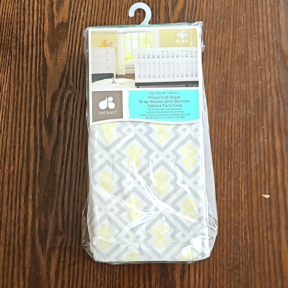 Just Born fitted crib sheet, gray, yellow and white